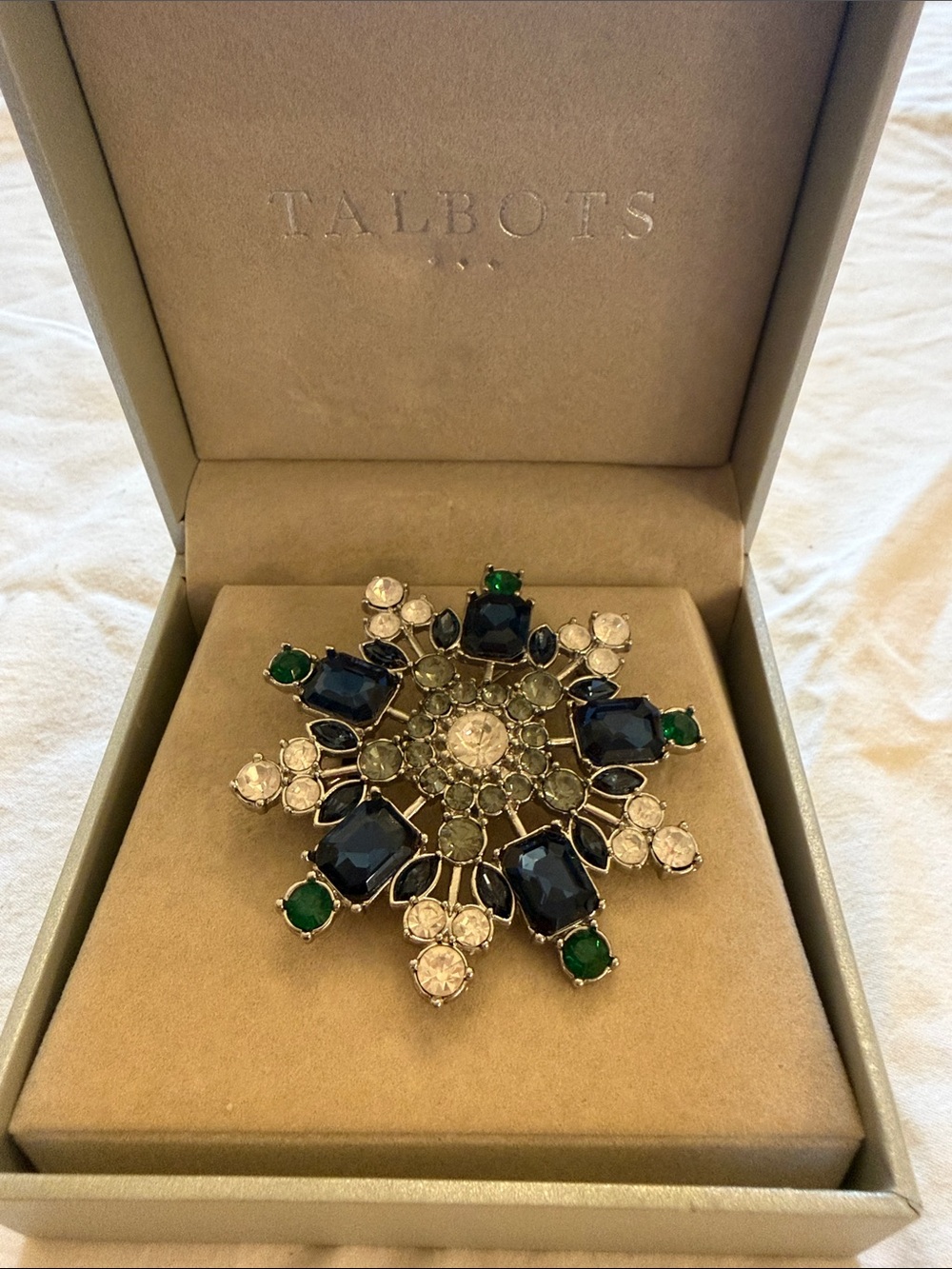 Talbots Navy, Green and Clear Crystal Floral Starburst Brooch